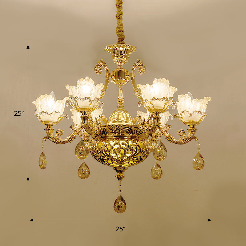 Luxury Flower Hanging Chandelier 6/8 Bulbs Amber Glass Ceiling Light in Gold with Crystal Draping Clearhalo 'Ceiling Lights' 'Chandeliers' Lighting' options 863388