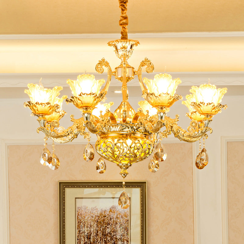 Luxury Flower Hanging Chandelier 6/8 Bulbs Amber Glass Ceiling Light in Gold with Crystal Draping 8 Gold Clearhalo 'Ceiling Lights' 'Chandeliers' Lighting' options 863389_3fdd7860-1dc4-400b-9f9d-a9f1c306634e