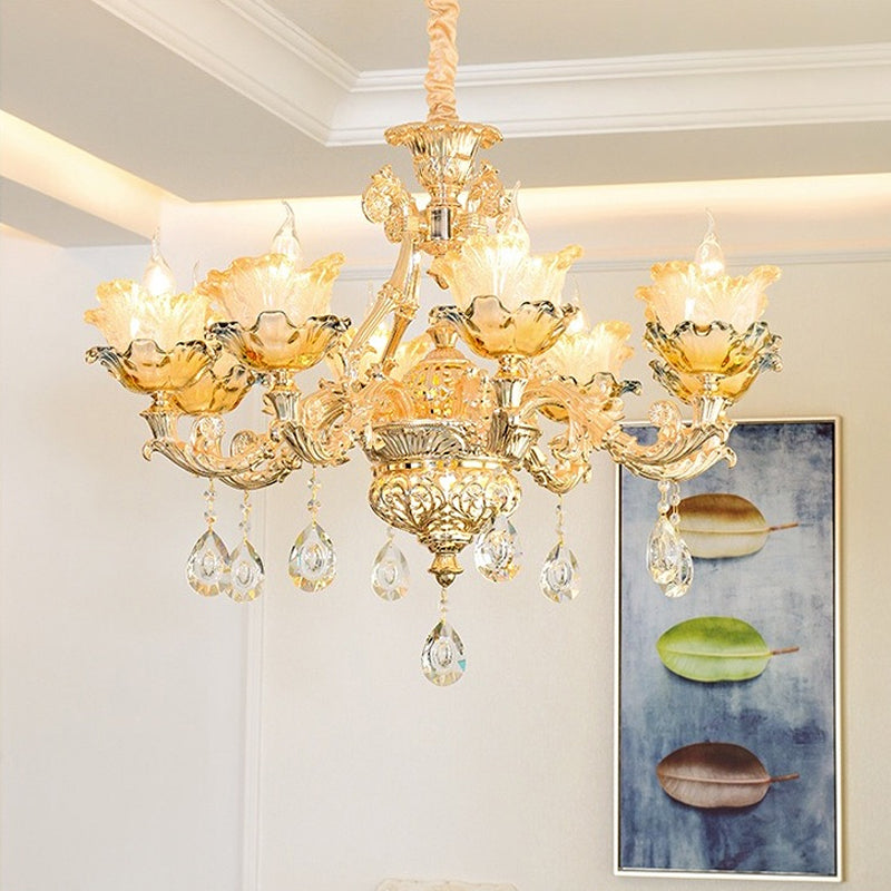 Luxury Flower Hanging Chandelier 6/8 Bulbs Amber Glass Ceiling Light in Gold with Crystal Draping Clearhalo 'Ceiling Lights' 'Chandeliers' Lighting' options 863390