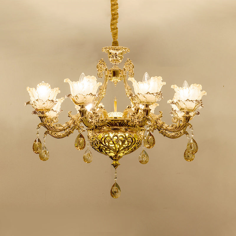 Luxury Flower Hanging Chandelier 6/8 Bulbs Amber Glass Ceiling Light in Gold with Crystal Draping Clearhalo 'Ceiling Lights' 'Chandeliers' Lighting' options 863392