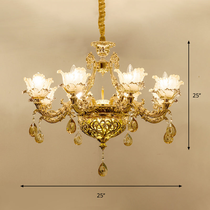 Luxury Flower Hanging Chandelier 6/8 Bulbs Amber Glass Ceiling Light in Gold with Crystal Draping Clearhalo 'Ceiling Lights' 'Chandeliers' Lighting' options 863393