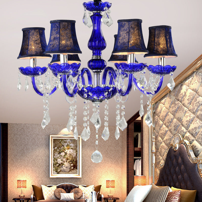 6-Bulb Ceiling Chandelier Modern Candle/Bell Clear Crystal Pendant Light in Blue with/without Fabric Shade Blue With Shade Clearhalo 'Ceiling Lights' 'Chandeliers' 'Modern Chandeliers' 'Modern' Lighting' 863394
