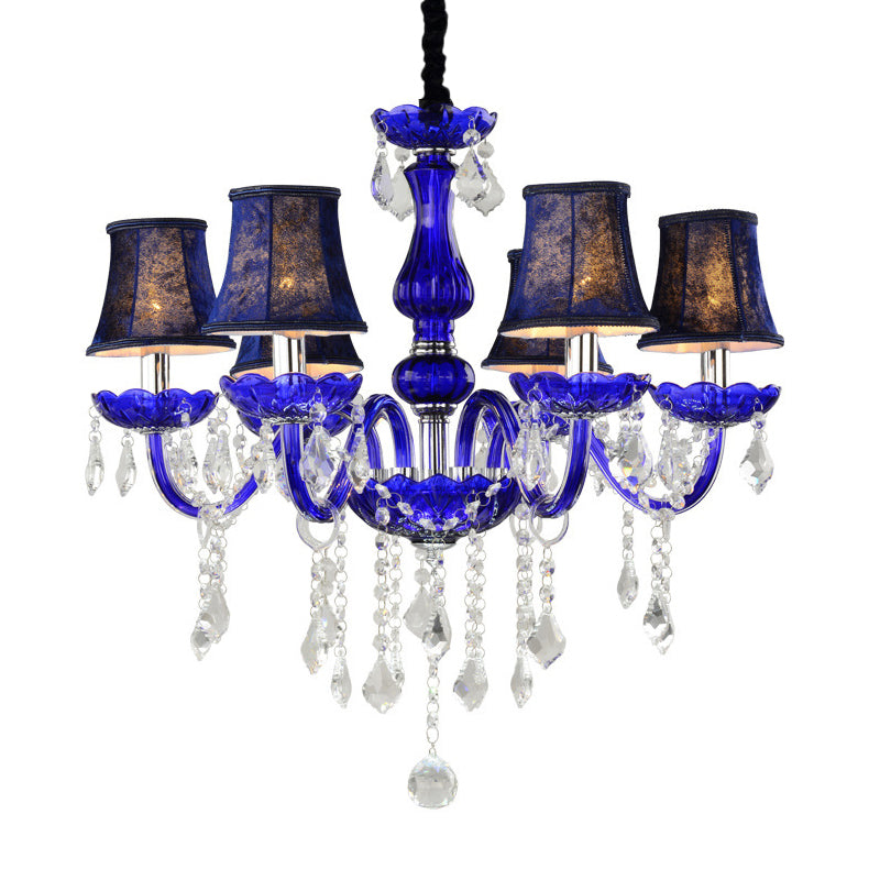 6-Bulb Ceiling Chandelier Modern Candle/Bell Clear Crystal Pendant Light in Blue with/without Fabric Shade Clearhalo 'Ceiling Lights' 'Chandeliers' 'Modern Chandeliers' 'Modern' Lighting' 863395