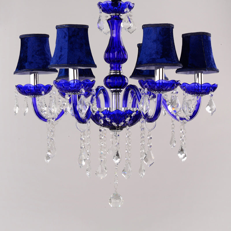 6-Bulb Ceiling Chandelier Modern Candle/Bell Clear Crystal Pendant Light in Blue with/without Fabric Shade Clearhalo 'Ceiling Lights' 'Chandeliers' 'Modern Chandeliers' 'Modern' Lighting' 863396