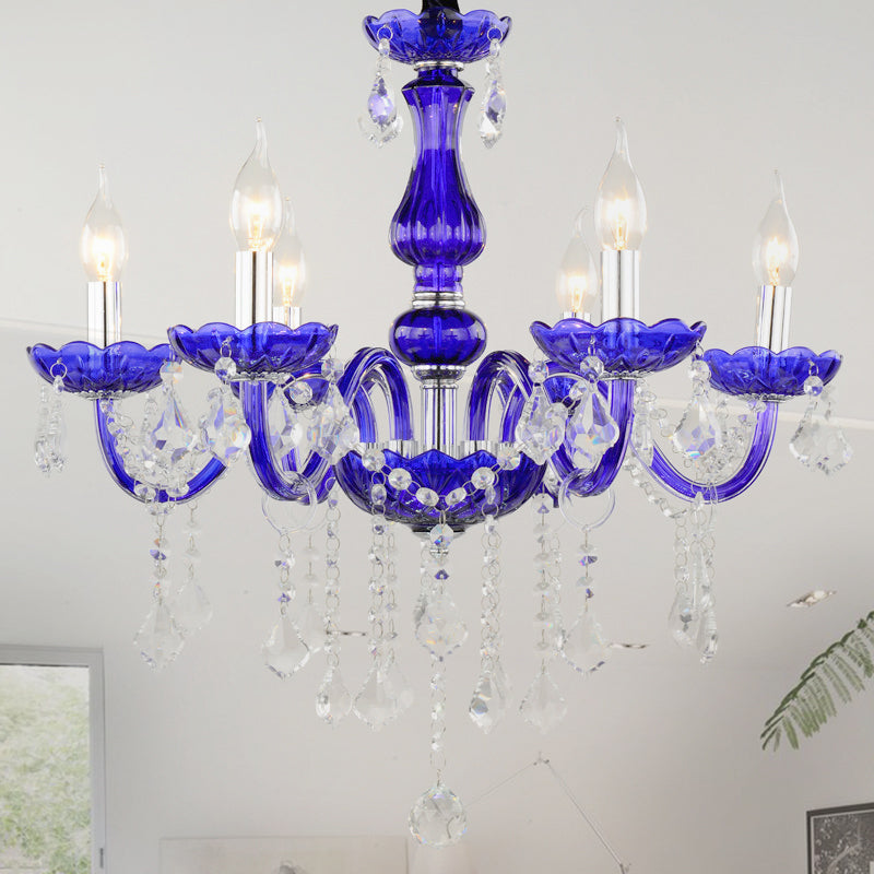 6-Bulb Ceiling Chandelier Modern Candle/Bell Clear Crystal Pendant Light in Blue with/without Fabric Shade Blue Shadeless Clearhalo 'Ceiling Lights' 'Chandeliers' 'Modern Chandeliers' 'Modern' Lighting' 863398