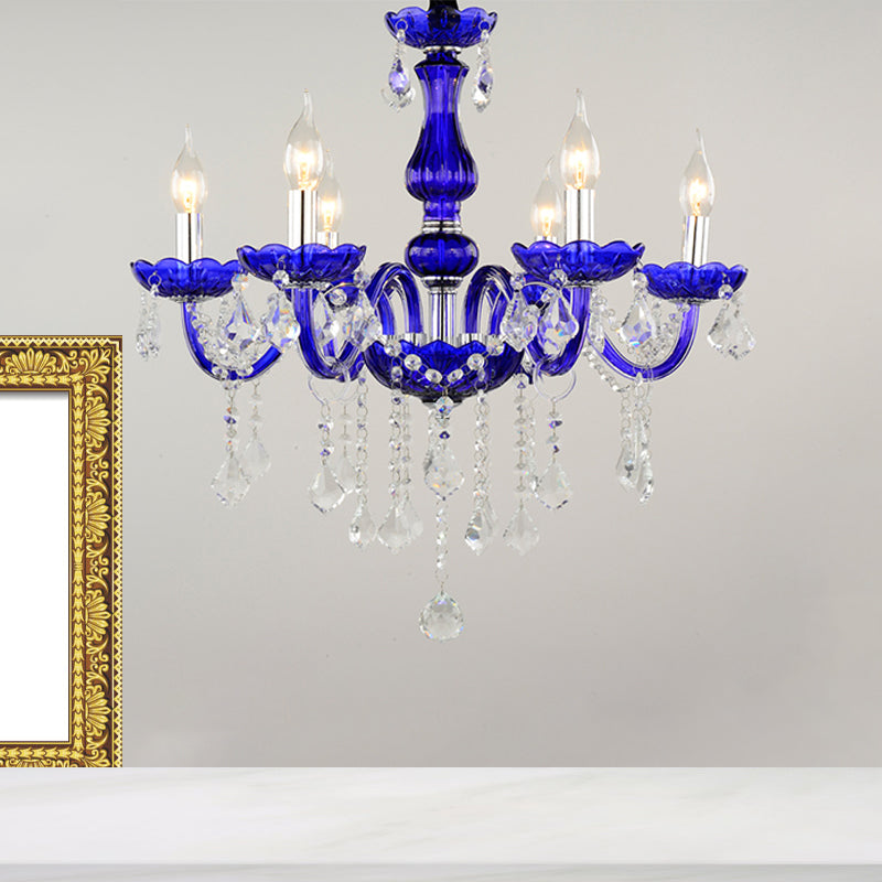 6-Bulb Ceiling Chandelier Modern Candle/Bell Clear Crystal Pendant Light in Blue with/without Fabric Shade Clearhalo 'Ceiling Lights' 'Chandeliers' 'Modern Chandeliers' 'Modern' Lighting' 863399