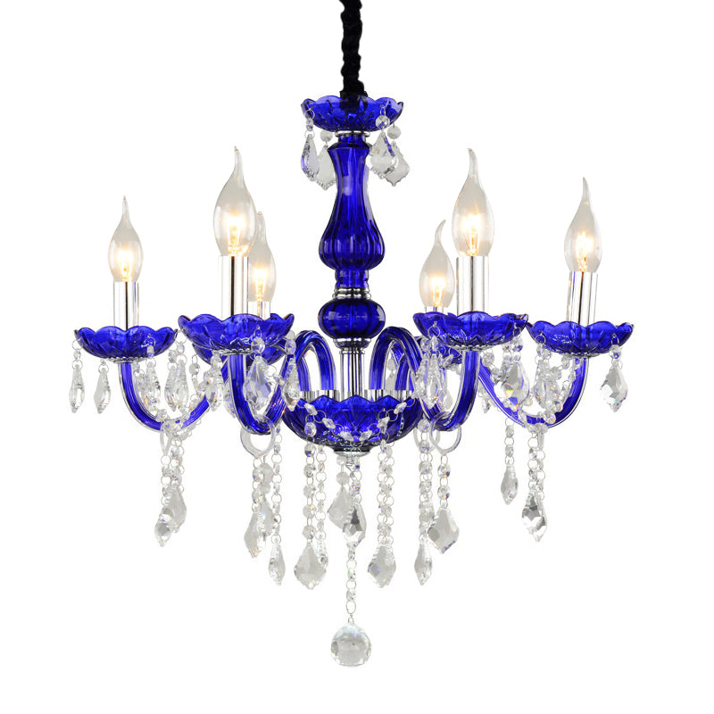 6-Bulb Ceiling Chandelier Modern Candle/Bell Clear Crystal Pendant Light in Blue with/without Fabric Shade Clearhalo 'Ceiling Lights' 'Chandeliers' 'Modern Chandeliers' 'Modern' Lighting' 863400