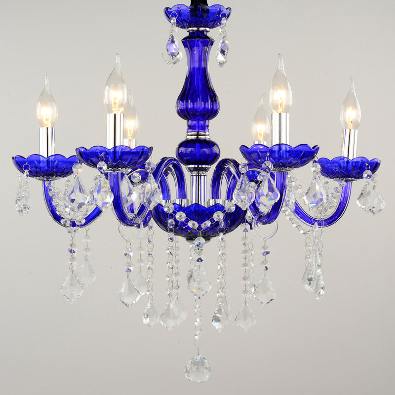 6-Bulb Ceiling Chandelier Modern Candle/Bell Clear Crystal Pendant Light in Blue with/without Fabric Shade Clearhalo 'Ceiling Lights' 'Chandeliers' 'Modern Chandeliers' 'Modern' Lighting' 863401