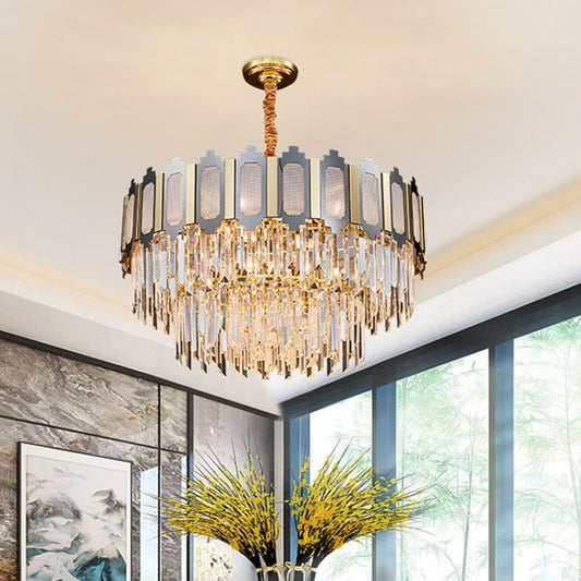 Tiered Bedroom Chandelier Lamp Modernism Clear Crystal 10 Heads Black and Gold Pendant Black-Gold Clearhalo 'Ceiling Lights' 'Chandeliers' 'Modern Chandeliers' 'Modern' Lighting' 863492