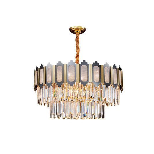 Tiered Bedroom Chandelier Lamp Modernism Clear Crystal 10 Heads Black and Gold Pendant Clearhalo 'Ceiling Lights' 'Chandeliers' 'Modern Chandeliers' 'Modern' Lighting' 863494