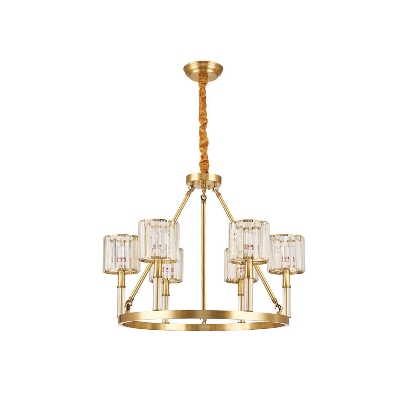 6-Head Crystal Suspension Light Modern Brass Cylinder Dining Room Chandelier Lighting Fixture Clearhalo 'Ceiling Lights' 'Chandeliers' 'Modern Chandeliers' 'Modern' Lighting' 863513