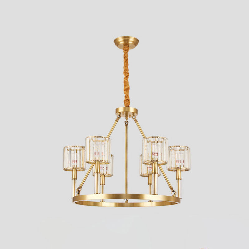 6-Head Crystal Suspension Light Modern Brass Cylinder Dining Room Chandelier Lighting Fixture Clearhalo 'Ceiling Lights' 'Chandeliers' 'Modern Chandeliers' 'Modern' Lighting' 863514