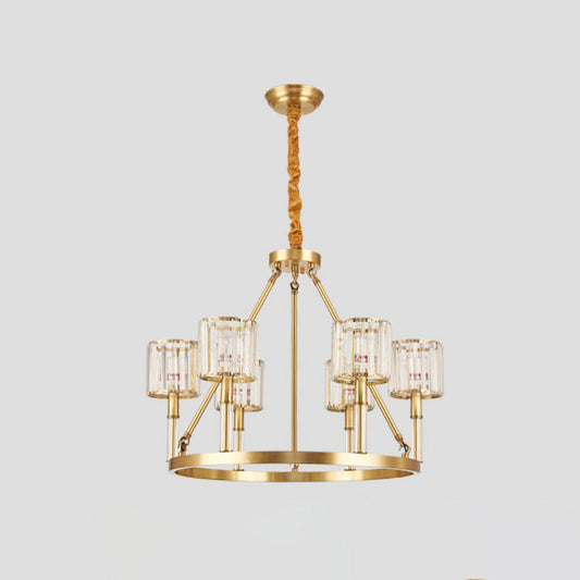 6-Head Crystal Suspension Light Modern Brass Cylinder Dining Room Chandelier Lighting Fixture Clearhalo 'Ceiling Lights' 'Chandeliers' 'Modern Chandeliers' 'Modern' Lighting' 863514