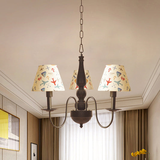 Kids Swoop Arm Iron Chandelier 3/5 Lights Suspended Lighting Fixture in Black with Conic Printed Fabric Shade 3 Black Clearhalo 'Ceiling Lights' 'Chandeliers' 'Modern Chandeliers' 'Modern' Lighting' 863562