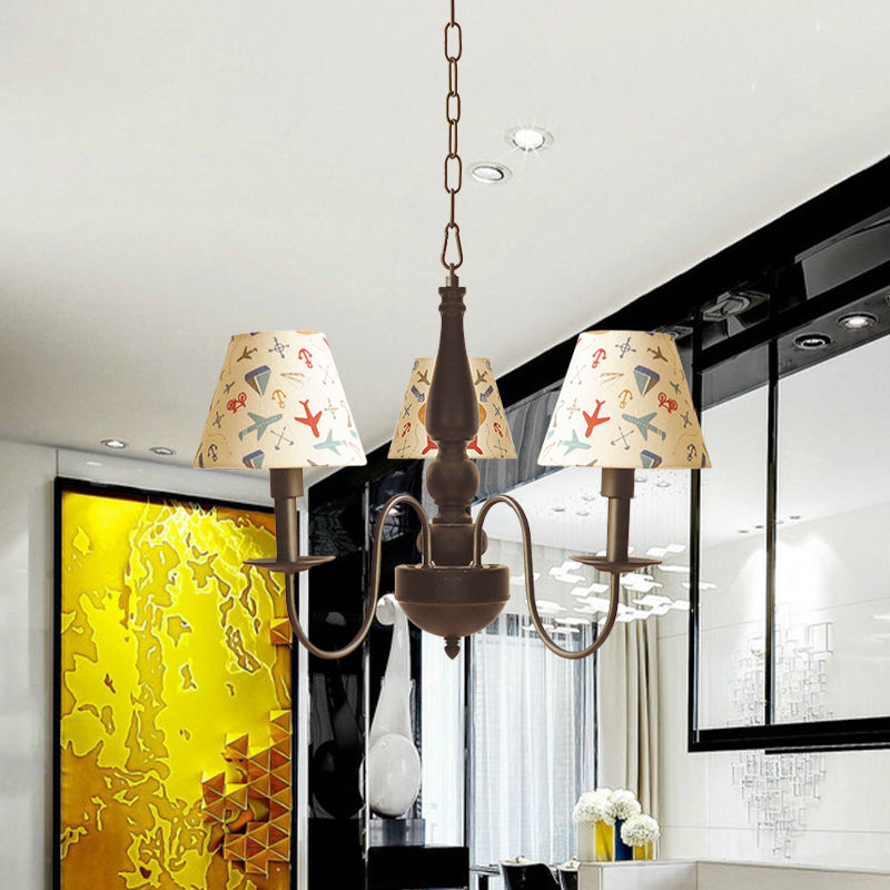 Kids Swoop Arm Iron Chandelier 3/5 Lights Suspended Lighting Fixture in Black with Conic Printed Fabric Shade Clearhalo 'Ceiling Lights' 'Chandeliers' 'Modern Chandeliers' 'Modern' Lighting' 863563