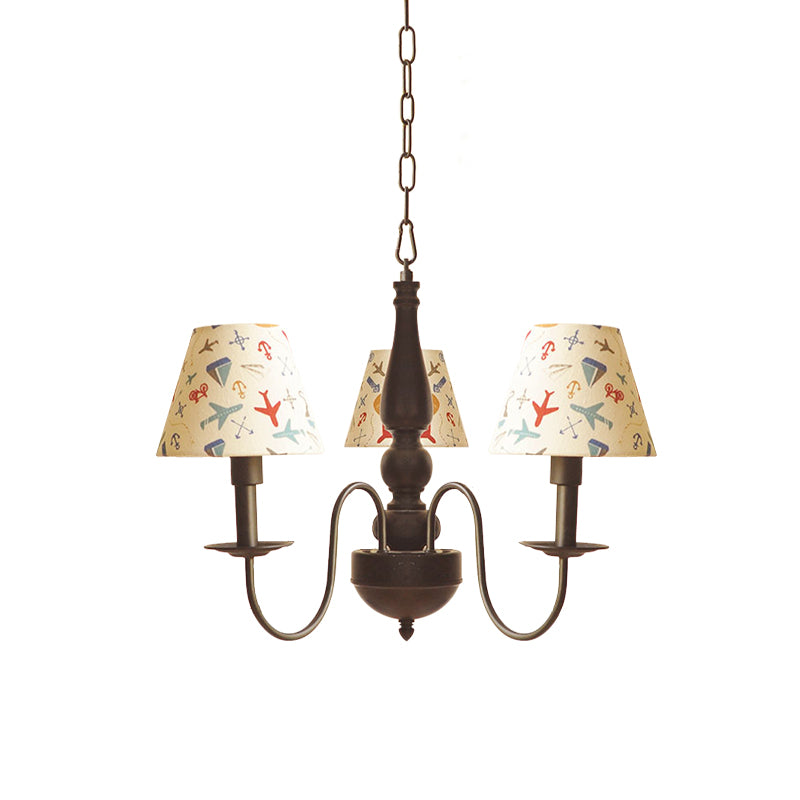 Kids Swoop Arm Iron Chandelier 3/5 Lights Suspended Lighting Fixture in Black with Conic Printed Fabric Shade Clearhalo 'Ceiling Lights' 'Chandeliers' 'Modern Chandeliers' 'Modern' Lighting' 863564
