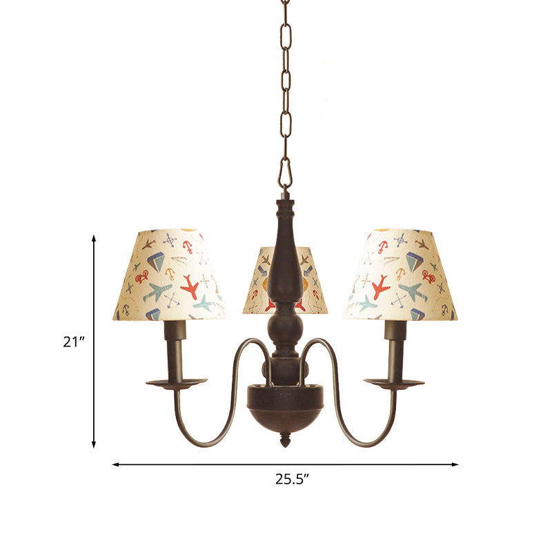 Kids Swoop Arm Iron Chandelier 3/5 Lights Suspended Lighting Fixture in Black with Conic Printed Fabric Shade Clearhalo 'Ceiling Lights' 'Chandeliers' 'Modern Chandeliers' 'Modern' Lighting' 863565