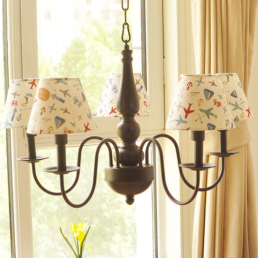 Kids Swoop Arm Iron Chandelier 3/5 Lights Suspended Lighting Fixture in Black with Conic Printed Fabric Shade 5 Black Clearhalo 'Ceiling Lights' 'Chandeliers' 'Modern Chandeliers' 'Modern' Lighting' 863566
