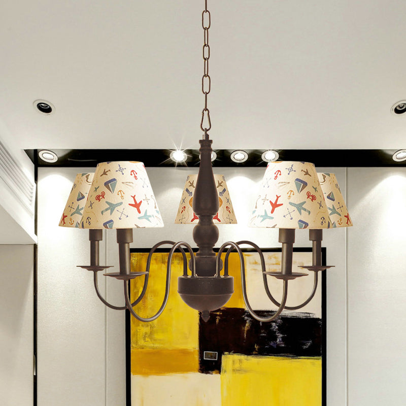 Kids Swoop Arm Iron Chandelier 3/5 Lights Suspended Lighting Fixture in Black with Conic Printed Fabric Shade Clearhalo 'Ceiling Lights' 'Chandeliers' 'Modern Chandeliers' 'Modern' Lighting' 863567