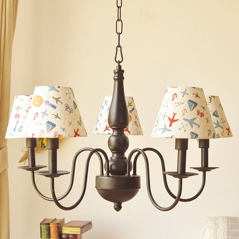 Kids Swoop Arm Iron Chandelier 3/5 Lights Suspended Lighting Fixture in Black with Conic Printed Fabric Shade Clearhalo 'Ceiling Lights' 'Chandeliers' 'Modern Chandeliers' 'Modern' Lighting' 863568