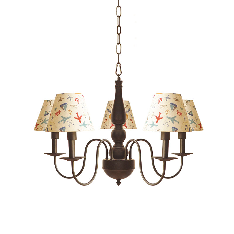 Kids Swoop Arm Iron Chandelier 3/5 Lights Suspended Lighting Fixture in Black with Conic Printed Fabric Shade Clearhalo 'Ceiling Lights' 'Chandeliers' 'Modern Chandeliers' 'Modern' Lighting' 863569
