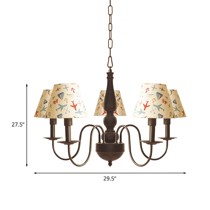 Kids Swoop Arm Iron Chandelier 3/5 Lights Suspended Lighting Fixture in Black with Conic Printed Fabric Shade Clearhalo 'Ceiling Lights' 'Chandeliers' 'Modern Chandeliers' 'Modern' Lighting' 863570
