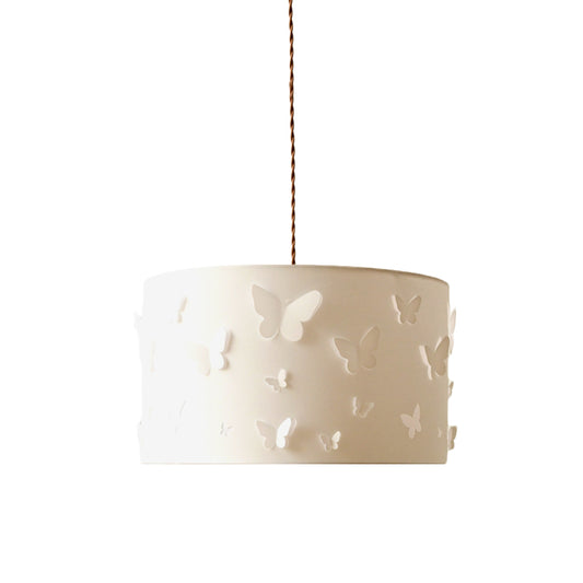 Minimalist 1-Light Drop Pendant White Butterfly-Embellished Drum Hanging Lamp with Fabric Shade Clearhalo 'Ceiling Lights' 'Pendant Lights' 'Pendants' Lighting' 863601