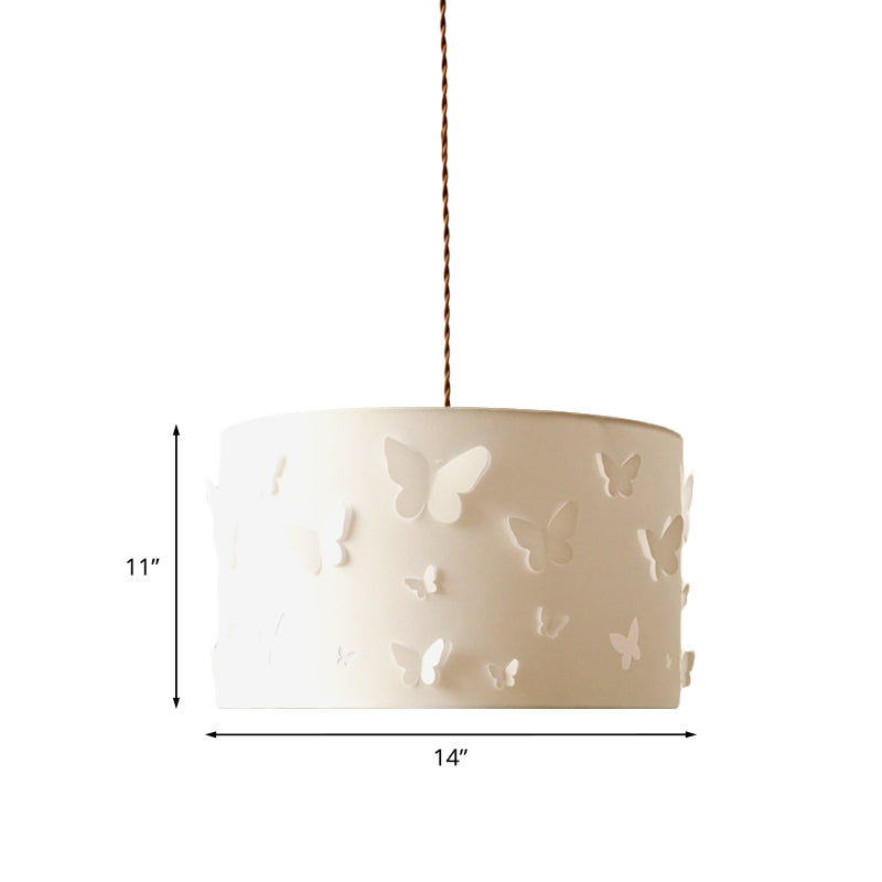 Minimalist 1-Light Drop Pendant White Butterfly-Embellished Drum Hanging Lamp with Fabric Shade Clearhalo 'Ceiling Lights' 'Pendant Lights' 'Pendants' Lighting' 863602