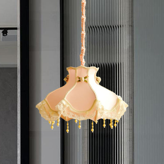 Princess Dress Fabric Hanging Light Kid 1 Head White/Pink Ceiling Pendant with Lace Flounce-Trim Clearhalo 'Ceiling Lights' 'Pendant Lights' 'Pendants' Lighting' 863607
