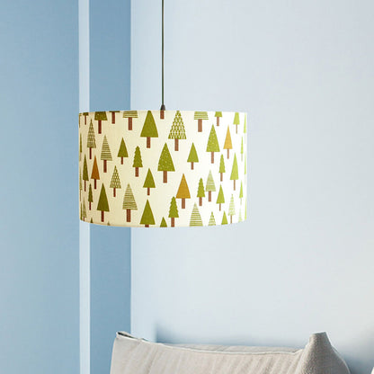 Print Fabric Drum Pendant Light Fixture Nordic 1-Light White Suspension Lighting with Feather/Bird/Tree Pattern White Tree Clearhalo 'Ceiling Lights' 'Pendant Lights' 'Pendants' Lighting' 863616_0ffe586e-ad5a-4092-8d6d-8b2b87e6011e