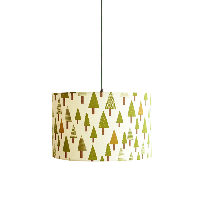 Print Fabric Drum Pendant Light Fixture Nordic 1-Light White Suspension Lighting with Feather/Bird/Tree Pattern Clearhalo 'Ceiling Lights' 'Pendant Lights' 'Pendants' Lighting' 863618