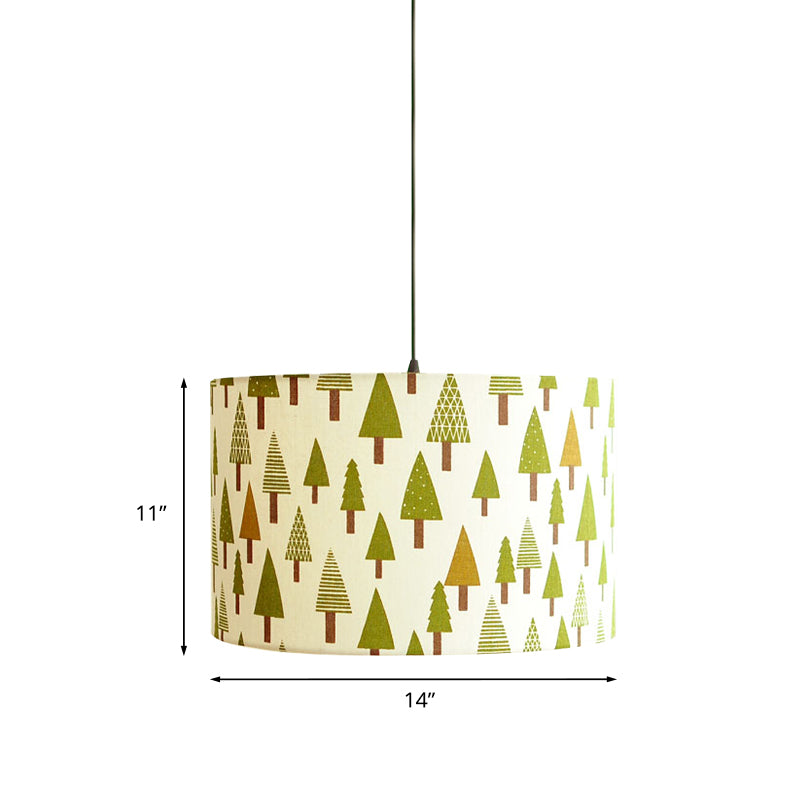 Print Fabric Drum Pendant Light Fixture Nordic 1-Light White Suspension Lighting with Feather/Bird/Tree Pattern Clearhalo 'Ceiling Lights' 'Pendant Lights' 'Pendants' Lighting' 863619