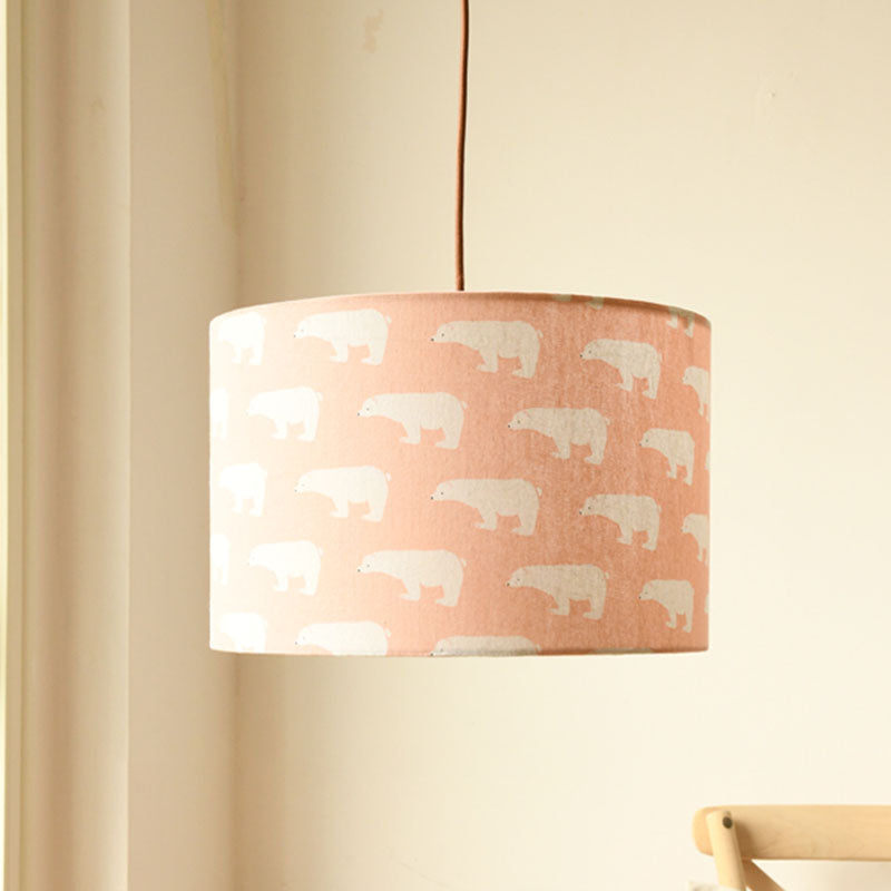 Print Fabric Drum Pendant Light Fixture Nordic 1-Light White Suspension Lighting with Feather/Bird/Tree Pattern White Bear Clearhalo 'Ceiling Lights' 'Pendant Lights' 'Pendants' Lighting' 863620_61e031a7-4843-48ff-aa05-ad89697b1f01
