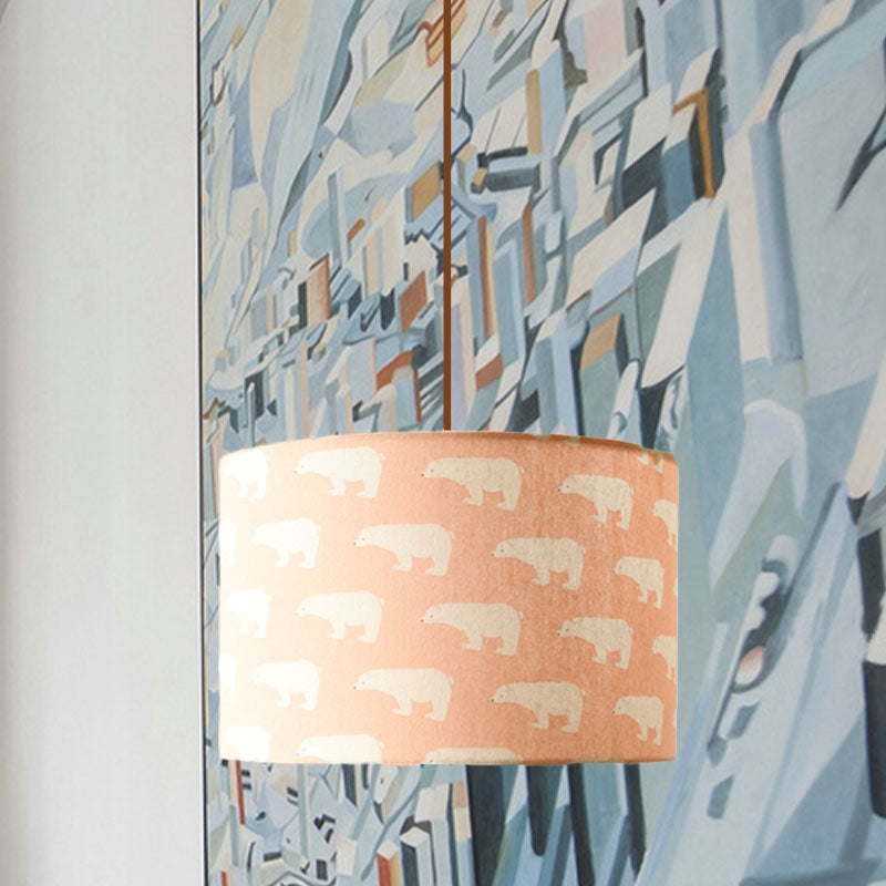 Print Fabric Drum Pendant Light Fixture Nordic 1-Light White Suspension Lighting with Feather/Bird/Tree Pattern Clearhalo 'Ceiling Lights' 'Pendant Lights' 'Pendants' Lighting' 863622