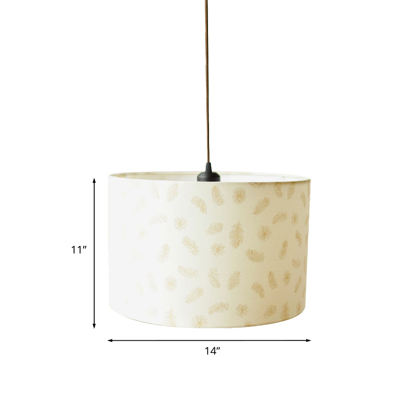 Print Fabric Drum Pendant Light Fixture Nordic 1-Light White Suspension Lighting with Feather/Bird/Tree Pattern Clearhalo 'Ceiling Lights' 'Pendant Lights' 'Pendants' Lighting' 863629