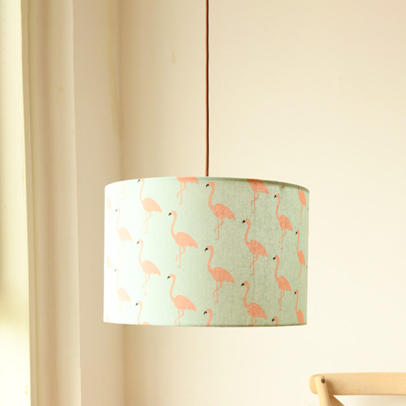 Print Fabric Drum Pendant Light Fixture Nordic 1-Light White Suspension Lighting with Feather/Bird/Tree Pattern White Bird Clearhalo 'Ceiling Lights' 'Pendant Lights' 'Pendants' Lighting' 863630_a1443c06-e727-474b-b784-f71a0a01a5fd