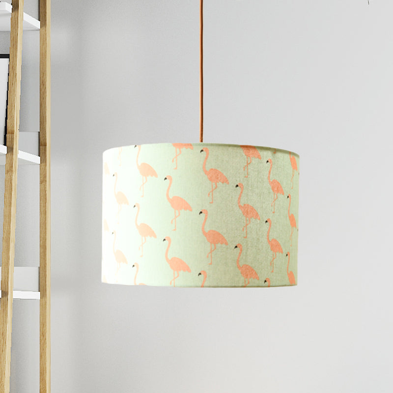 Print Fabric Drum Pendant Light Fixture Nordic 1-Light White Suspension Lighting with Feather/Bird/Tree Pattern Clearhalo 'Ceiling Lights' 'Pendant Lights' 'Pendants' Lighting' 863631
