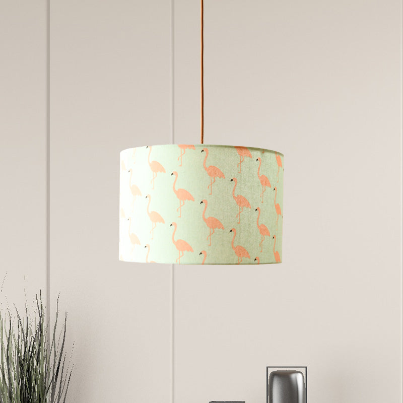 Print Fabric Drum Pendant Light Fixture Nordic 1-Light White Suspension Lighting with Feather/Bird/Tree Pattern Clearhalo 'Ceiling Lights' 'Pendant Lights' 'Pendants' Lighting' 863632