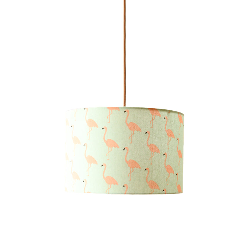 Print Fabric Drum Pendant Light Fixture Nordic 1-Light White Suspension Lighting with Feather/Bird/Tree Pattern Clearhalo 'Ceiling Lights' 'Pendant Lights' 'Pendants' Lighting' 863633