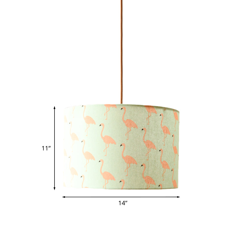 Print Fabric Drum Pendant Light Fixture Nordic 1-Light White Suspension Lighting with Feather/Bird/Tree Pattern Clearhalo 'Ceiling Lights' 'Pendant Lights' 'Pendants' Lighting' 863634