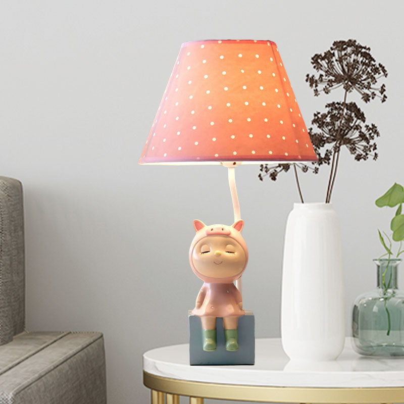 Spot Cone Shade Fabric Table Lamp Kids 1-Light White/Red Night Stand Light with Piggy/Rabbit Base Clearhalo 'Lamps' 'Table Lamps' Lighting' 863644