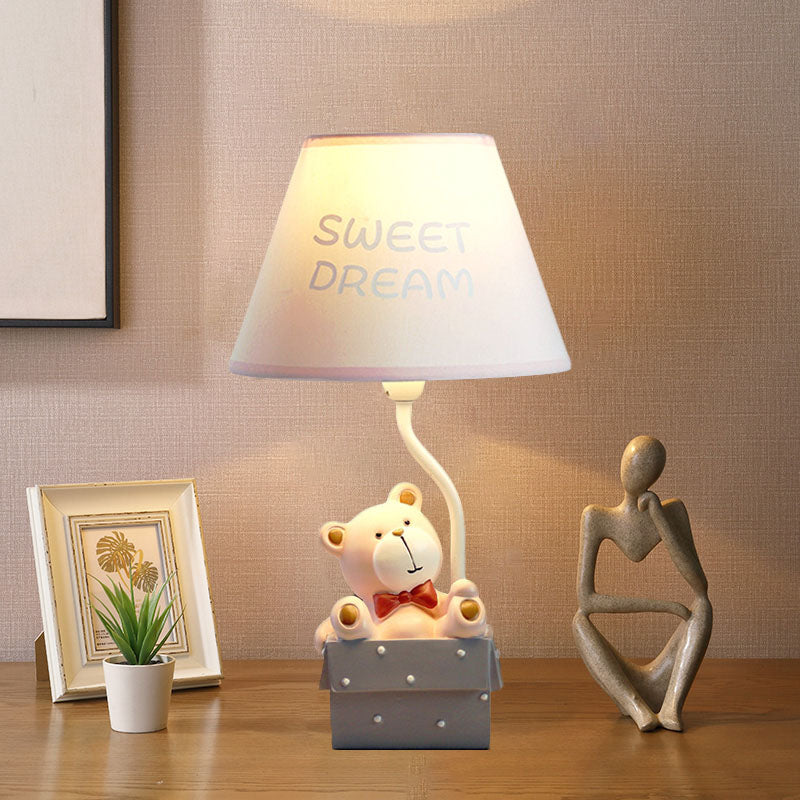 Bear Desk Light Cartoon Resin Single Bedroom Nightstand Lamp with Cone Fabric Shade in Pink/Blue Clearhalo 'Lamps' 'Table Lamps' Lighting' 863653