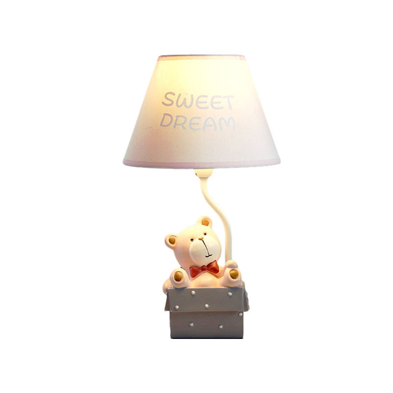 Bear Desk Light Cartoon Resin Single Bedroom Nightstand Lamp with Cone Fabric Shade in Pink/Blue Clearhalo 'Lamps' 'Table Lamps' Lighting' 863654