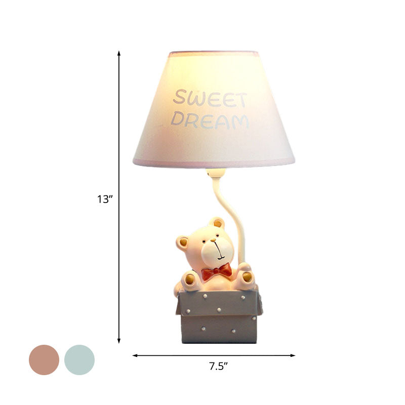 Bear Desk Light Cartoon Resin Single Bedroom Nightstand Lamp with Cone Fabric Shade in Pink/Blue Clearhalo 'Lamps' 'Table Lamps' Lighting' 863655