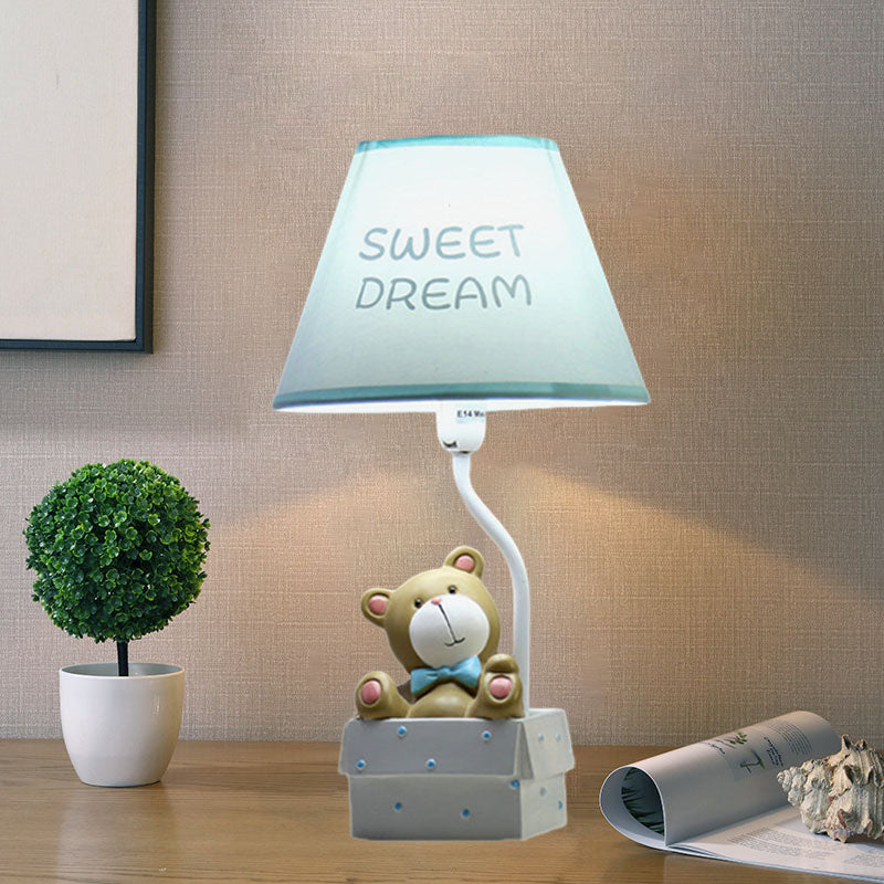 Bear Desk Light Cartoon Resin Single Bedroom Nightstand Lamp with Cone Fabric Shade in Pink/Blue Blue Clearhalo 'Lamps' 'Table Lamps' Lighting' 863656
