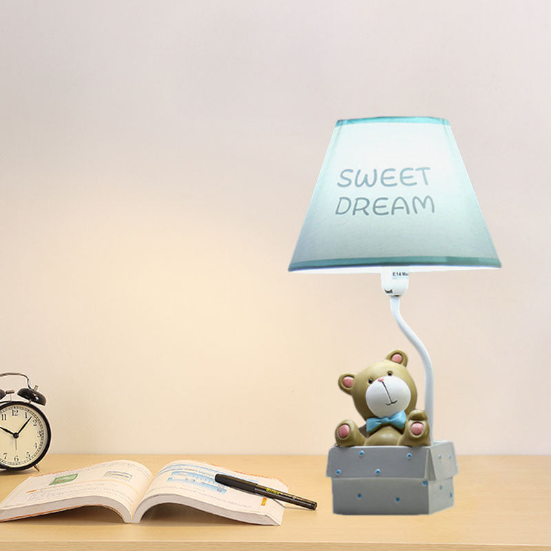 Bear Desk Light Cartoon Resin Single Bedroom Nightstand Lamp with Cone Fabric Shade in Pink/Blue Clearhalo 'Lamps' 'Table Lamps' Lighting' 863658