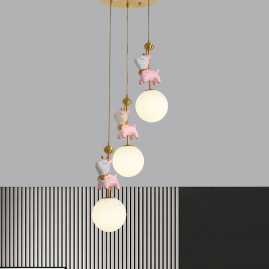 Cartoon Deer Cluster Ball Pendant Cream Glass 3-Head Kids Room Hanging Ceiling Light in Pink Clearhalo 'Ceiling Lights' 'Pendant Lights' 'Pendants' Lighting' 863660
