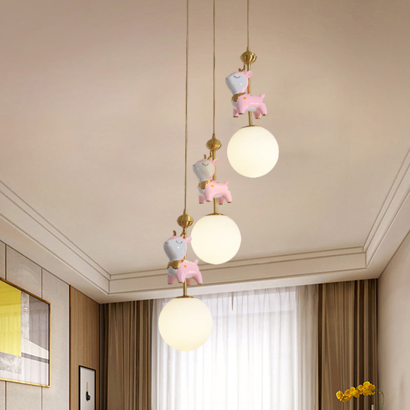 Cartoon Deer Cluster Ball Pendant Cream Glass 3-Head Kids Room Hanging Ceiling Light in Pink Clearhalo 'Ceiling Lights' 'Pendant Lights' 'Pendants' Lighting' 863661