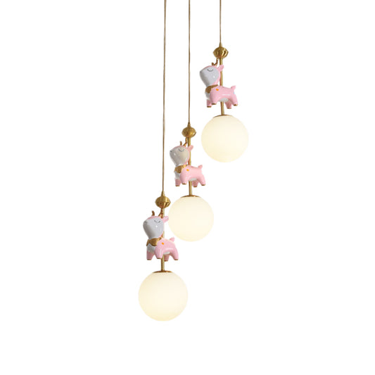 Cartoon Deer Cluster Ball Pendant Cream Glass 3-Head Kids Room Hanging Ceiling Light in Pink Clearhalo 'Ceiling Lights' 'Pendant Lights' 'Pendants' Lighting' 863662