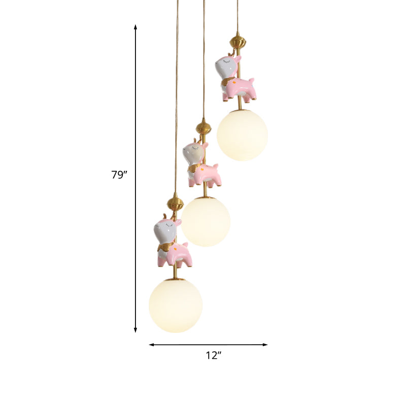 Cartoon Deer Cluster Ball Pendant Cream Glass 3-Head Kids Room Hanging Ceiling Light in Pink Clearhalo 'Ceiling Lights' 'Pendant Lights' 'Pendants' Lighting' 863663